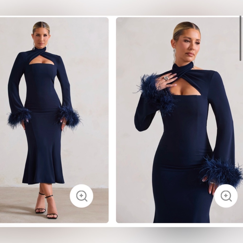 Navy Blue Fur Cuff midi dress club london